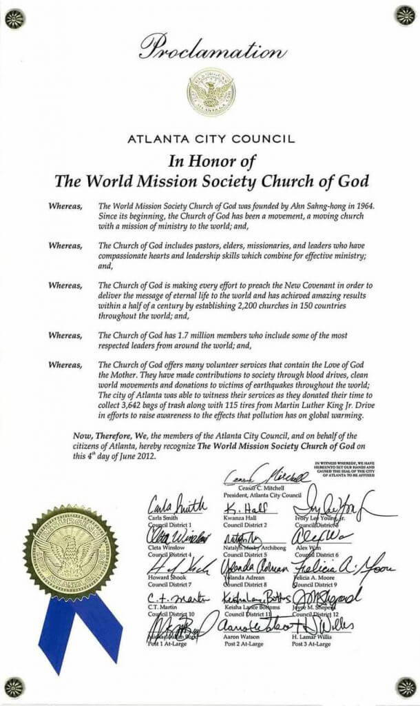 world mission society church of god, church of god in atlanta, atlanta city council, proclamation, clean up, pollution, global warming, community service, volunteer service, martin luther king