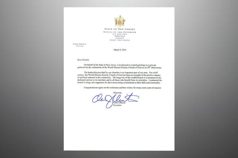 Governor Chris Christies congratulatory letter to the World Mission Society Church of God