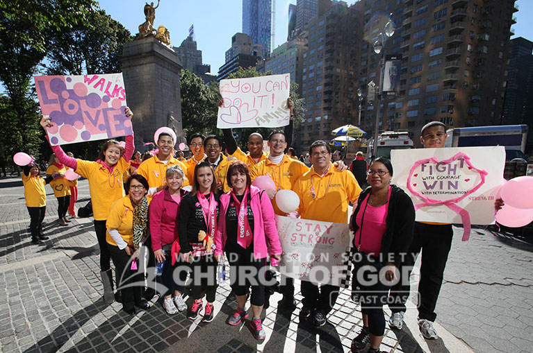 WMSCOG, World Mission Society Church of God, Chruch of God, Yellow shirts, cheering, volunteering, smile campaign, breast cancer awareness, avon, avon breast cancer walk, pink, fight cancer, support