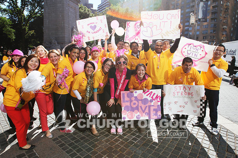 WMSCOG, World Mission Society Church of God, Chruch of God, Yellow shirts, cheering, volunteering, smile campaign, breast cancer awareness, avon, avon breast cancer walk, pink, fight cancer
