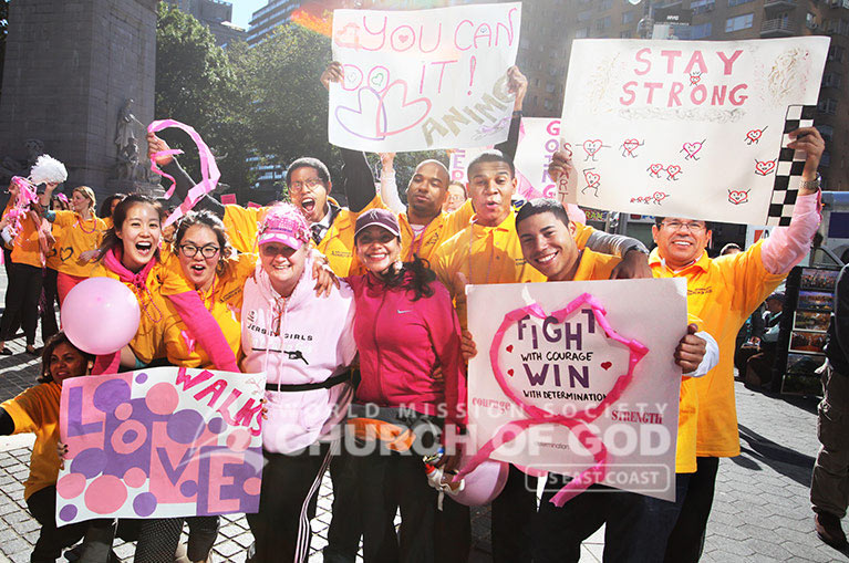 WMSCOG, World Mission Society Church of God, Chruch of God, Yellow shirts, cheering, volunteering, smile campaign, breast cancer awareness, avon, avon breast cancer walk, pink, fight cancer
