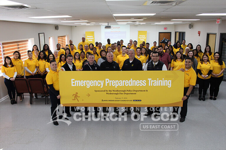 Church of God volunteers together with the Westborough Police and Fire Departments representatives during their Emergency Preparedness Training