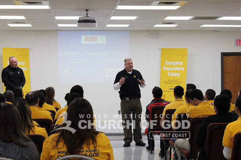 Police Sergeant Todd Rossi and Detective Chip Dapolite presenting about emergency evacuation procedures
